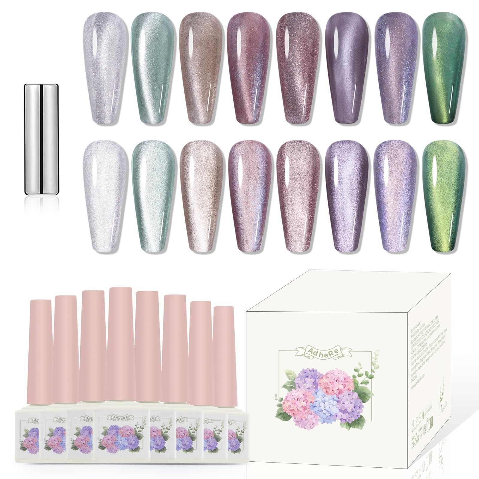 ADHERE 6pcs 12ml Esmalte Semipermanente para Uñas en Gel UV LED， Ojo de Gato Cat Eye Magnético,Verde Púrpura,Kit Pintauñas con Imán, Manicura