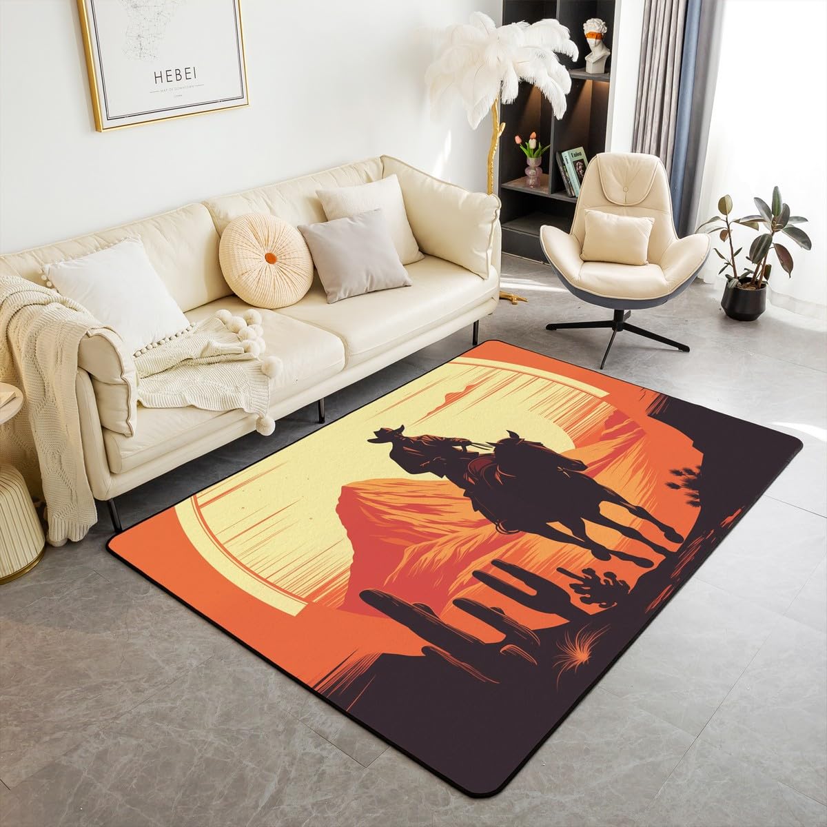 Homemissing Western Decor Area Rug 150 * 200cm for Boys Girls Wild West Cowboy Decorative Rug Rodeo Cowboy Style Living Room Rugs Non-slip Room Decor Grunge Design Indoor Floor Mat Red Yellow