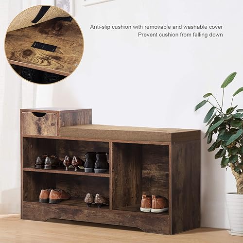 Miniatura 4 de PHI VILLA Banco de almacenamiento de zapatos con cojín de asiento, zapatero organizador de zapatos para entrada, sala de estar, marrón rústico