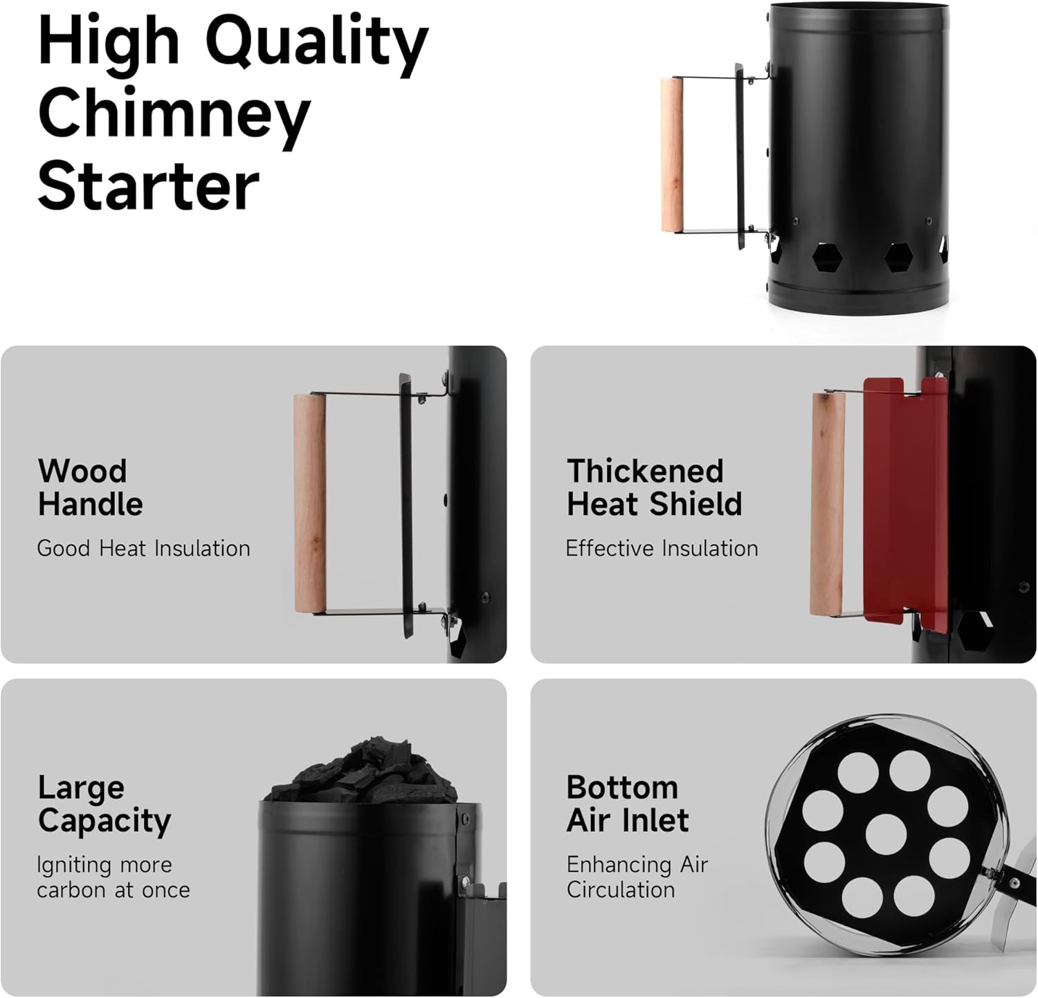 WILLBBQ Charcoal Chimney Starter, Heavy Duty Premium Chimney Starter for Charcoal Grills BBQ Accessory with Heat Resistant Wooden Handle for Outdoor Grill Camping(Bright Black)