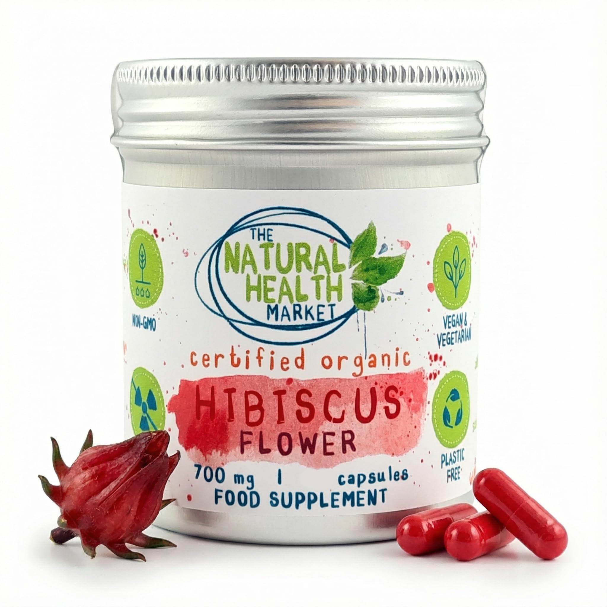 Organic Hibiscus Flower 700mg Capsules • 60 Capsule Tin by The Natural Health Market • Certified Organic