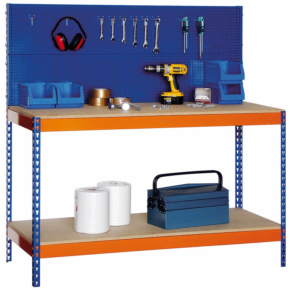 Banco de Trabajo BTP/1500 Panel Portaherramienta, Azul/Naranja, metálico superior. Med. 1500 x 1500 x 600 mm. Capacidad de Carga 600 kgs.