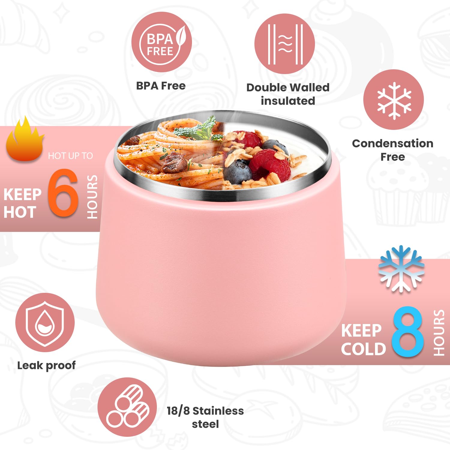 Itslife Termo para Comida 420ml, Recipiente Térmico para Comida con Cuchara, Acero Inoxidable Fiambrera Termica Infantil y Adultos, Contenedor Térmico para Picnic, Escuela y Oficina, Rosa