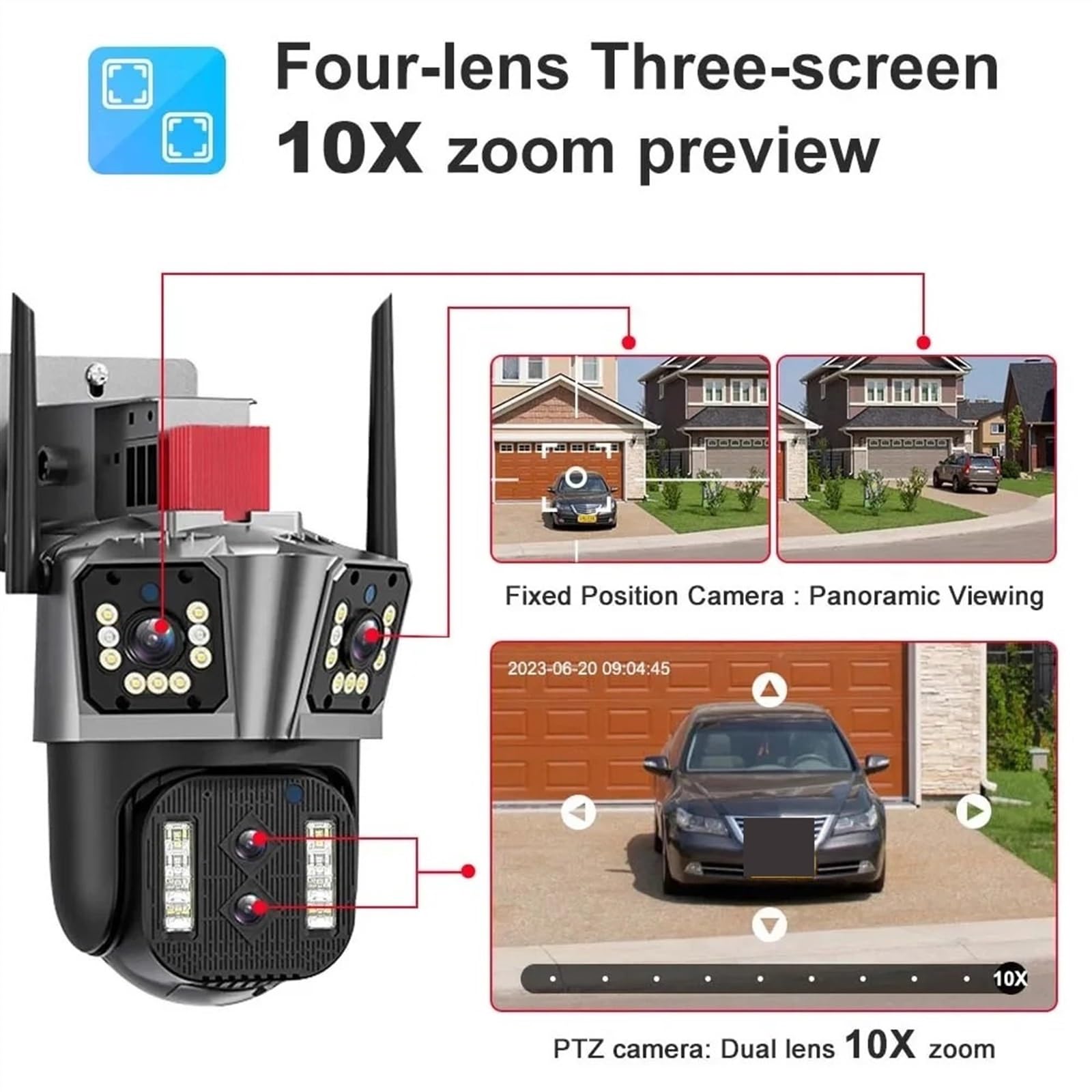 Telecamera di Sicurezza 16MP 8K 4 obiettivi Zoom 10X 3 schermi PTZ Audio bidirezionale Tracciamento Automatico Visione Notturna a Colori,Sicurezza Domestica(8K Camera 32G Card)