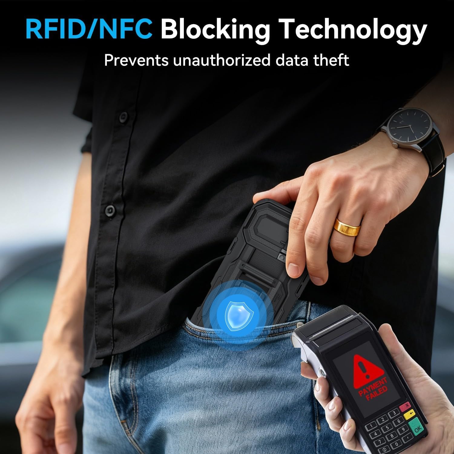 for iPhone 16 Pro Max Case with Semi-Automatic Card Slot (3-4 Cards) RFID Blocking & Kickstand & Camera Lens Cover & Wallet, Heavy Duty Rugged Phone Case (Black)