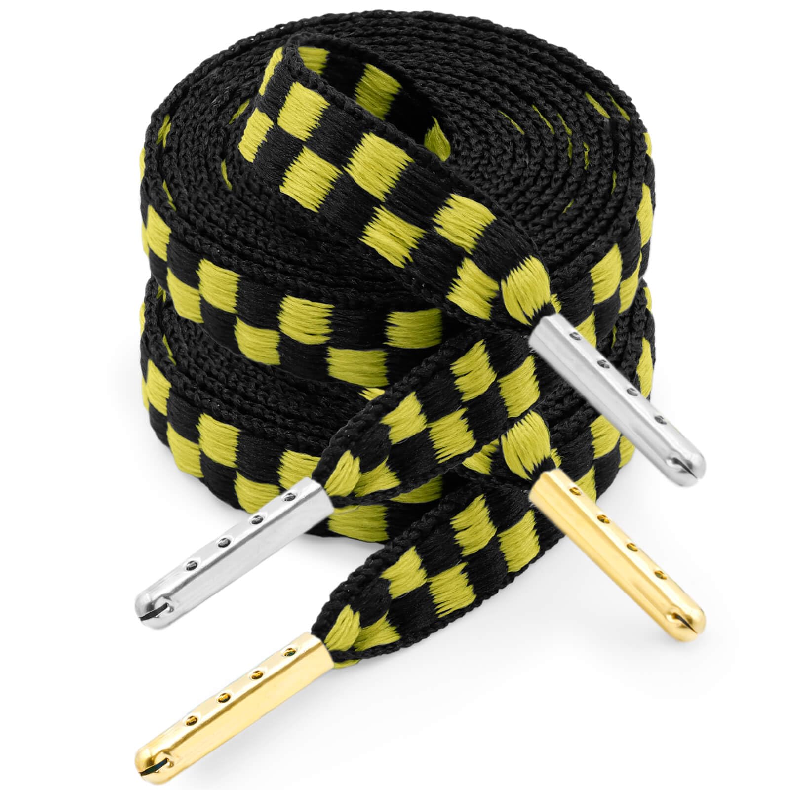YJRVFINE Flat Checker Shoe Laces: 2 Pairs Checkered Shoelaces with Metal Tip for Sneakers
