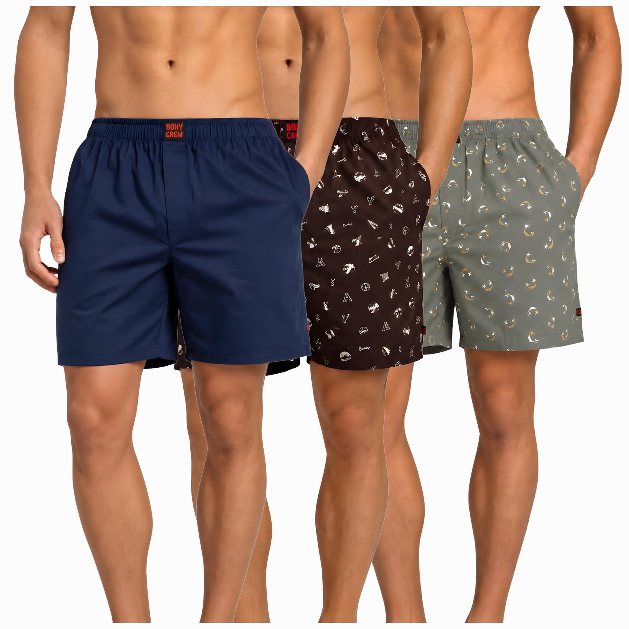 Men's 100% Cotton Boxer Shorts Pack of 3, Navy Blue, Brown & Green | Woven Boxers with Side Pockets, No-Marks Elastic Waistband, Breathable Relaxed Fit | Style 002-005-008-image-20