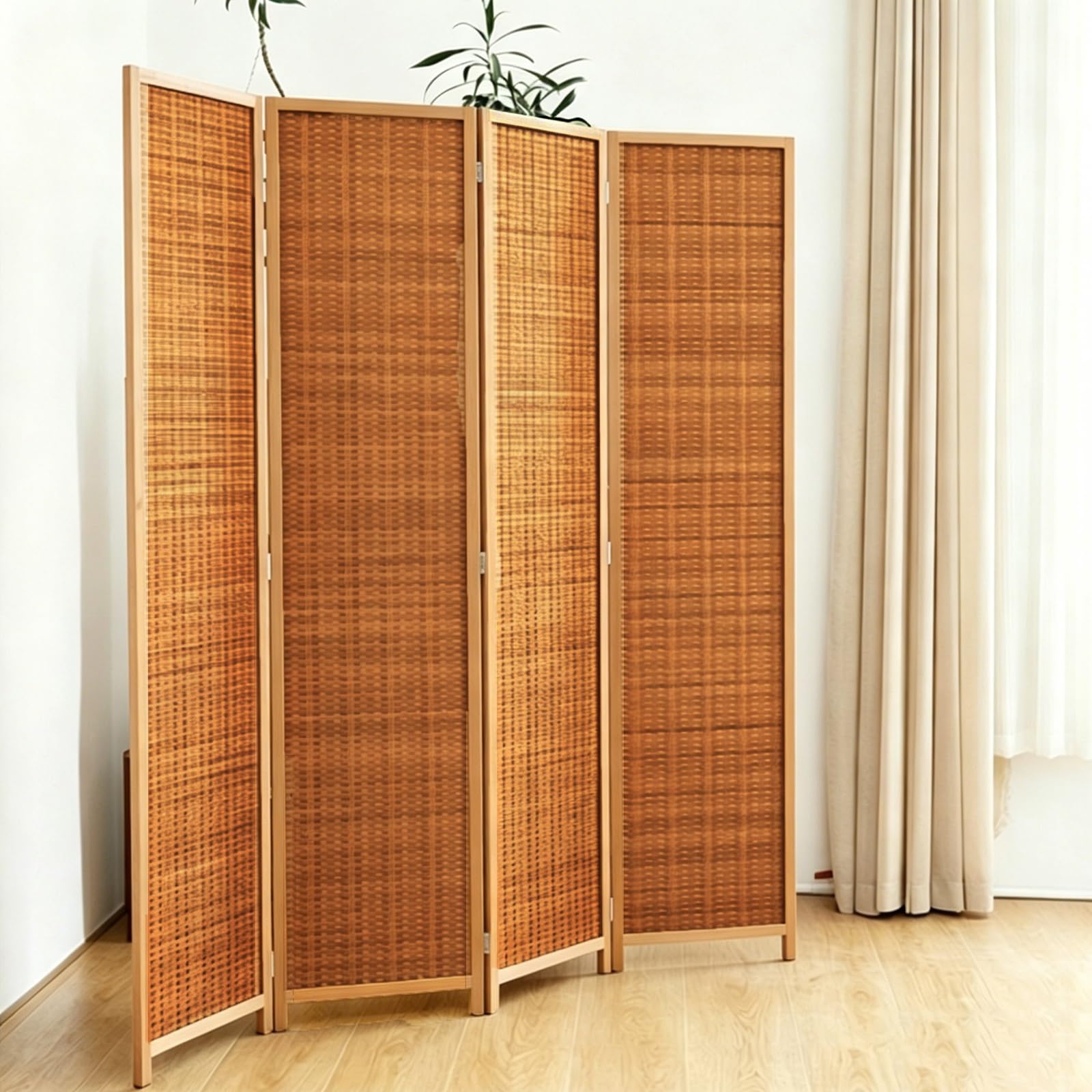 Paravent en bois massif et bambou foncé aux finitions artisanales de 170cm
