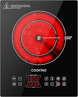 Dual Heating Coil Design of Single Burner Electric Cooktop, 1800W Ceramic Infrared Cooking Hot Plate, Portable Countertop or Built-in Radiant Stove Top Cooker with Wattage and Temperature Control
