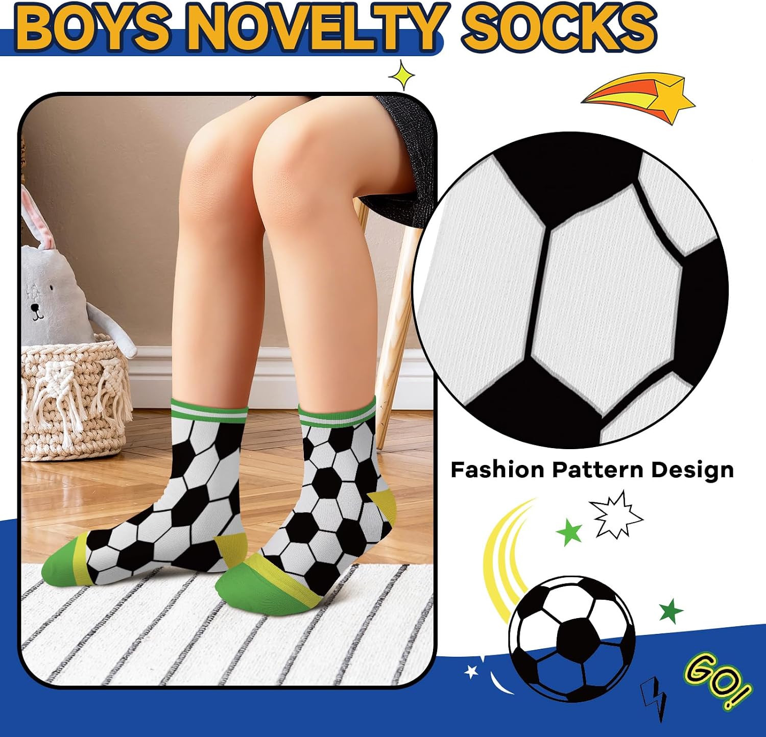 6 Pairs Kids Boys Socks Cartoon Soccer Pentagon Stripes Lawn Yellow Green Breathable Crew Sock aged for 1-7 Years