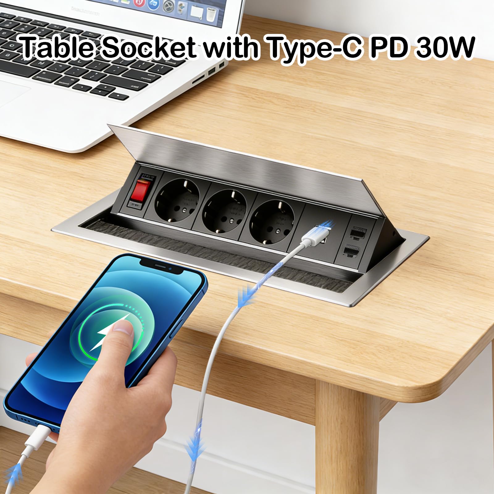 Enchufe Empotrable de Aluminio de 3 Enchufes con Tipo C, USB y 2 CAT6, Regleta Retráctil con Interruptor Ángulo Ajustable para Cocina, Escritorio y Oficina, Cable de 1,8M