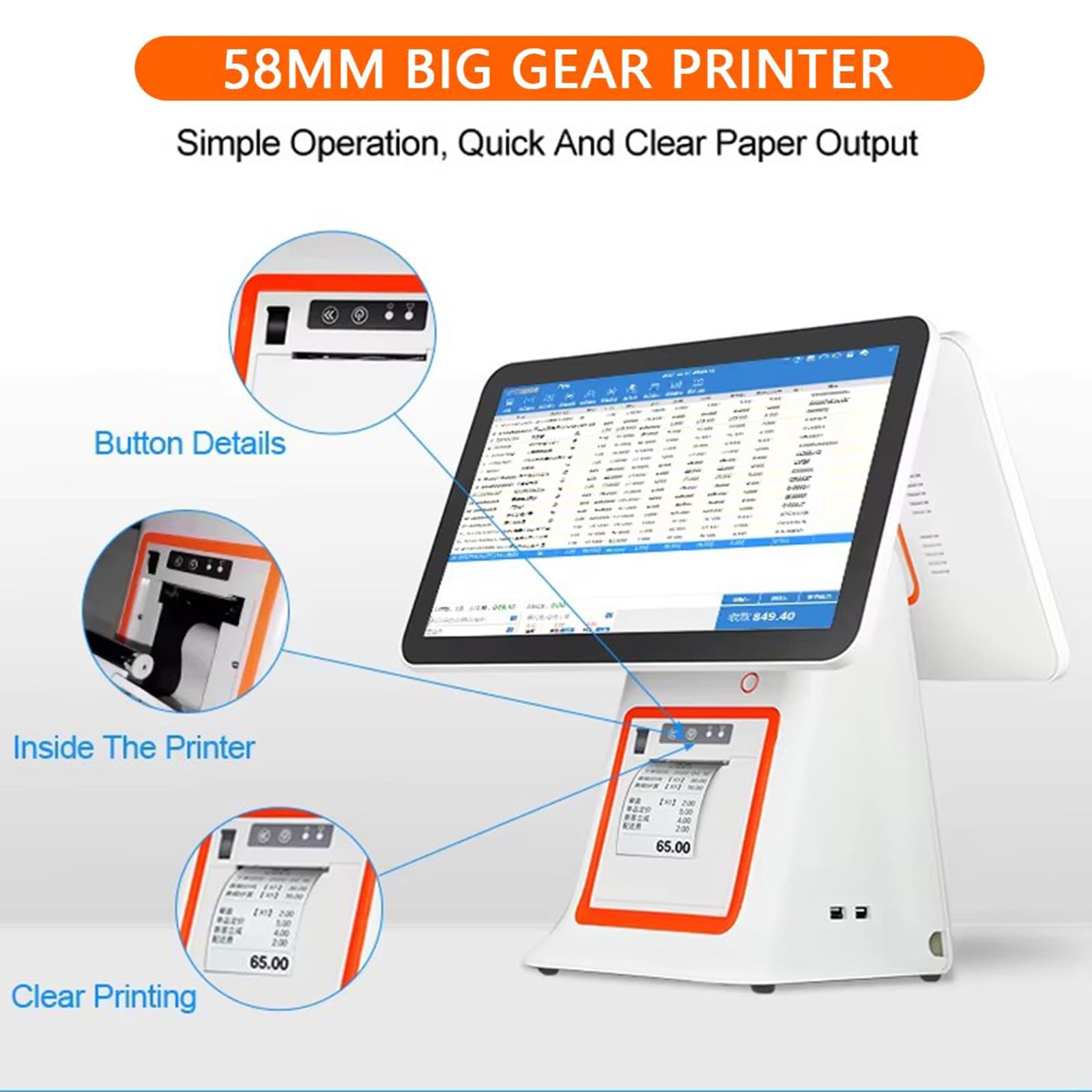Registratore di cassa All-in-One, con doppio touch screen da 15,6", stampante termica da 58mm integrata, registratore di cassa POS per piccole imprese, supporta Windows/Android, 30+ lingue,White