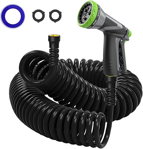 Miniatura 9 de Manguera de bobina, manguera de jardín de bobina EVA de 3/8" de 25 pies, manguera de agua rizada ligera con conectores de metal y asa giratoria,