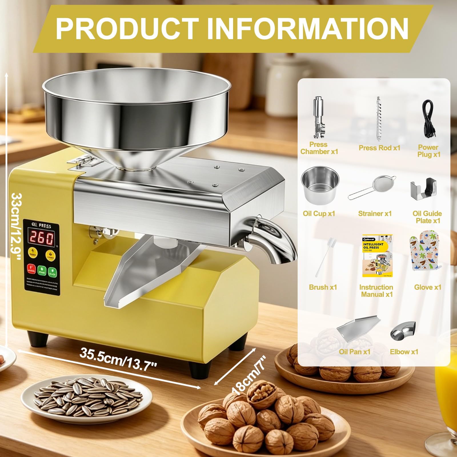 Presse à huile 1500 W, extracteur d'huile froide et chaude intelligent avec trémie de grande capacité de 235 mm, machine à huile compacte en acier inoxydable, économise de l'espace, sortie de 5 à 9 kg