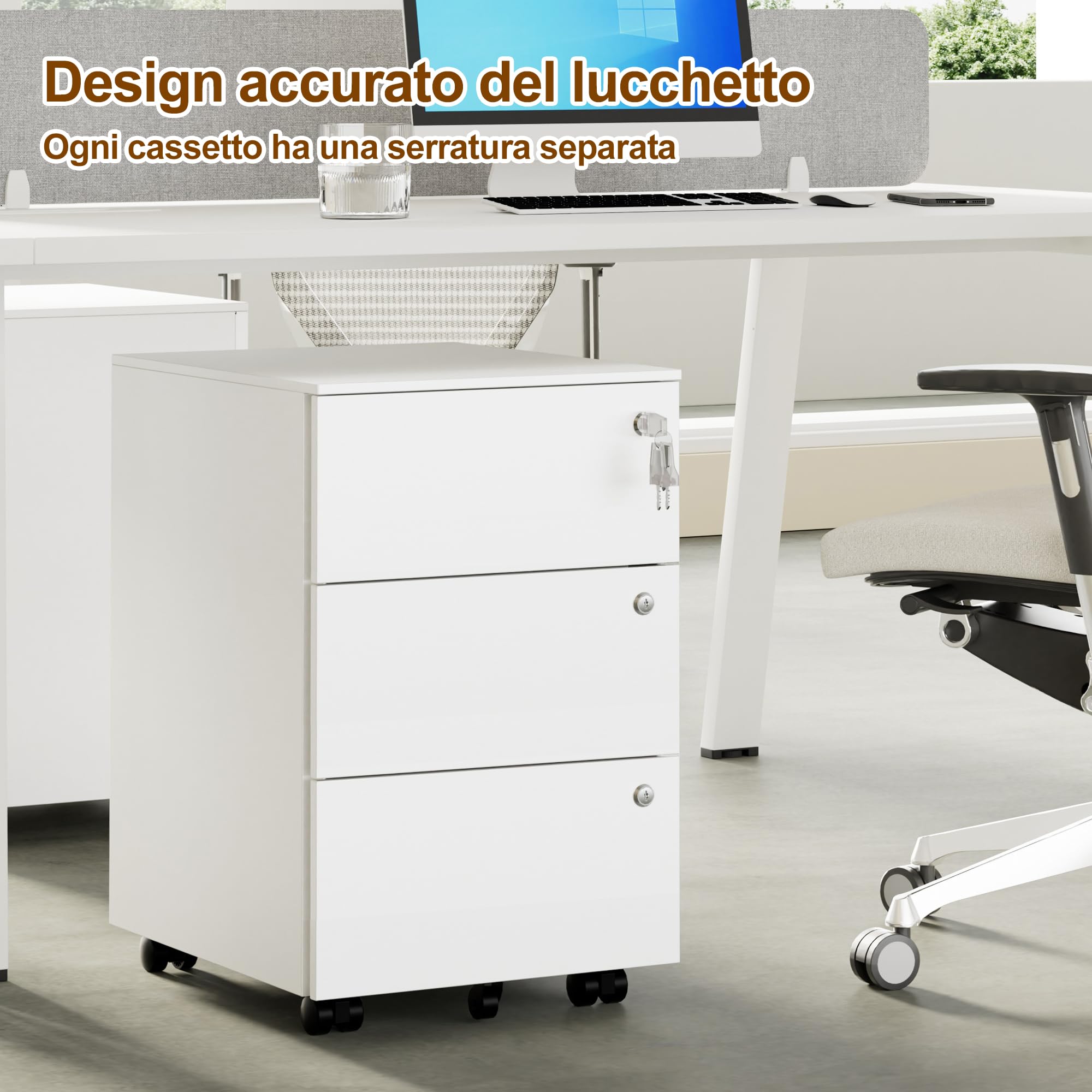 Cassettiera Scrivania Mobile, Cassettiera con 3 serrature, 4 Chiavi, 3 Cassetti, in Acciaio, Preassemblato, Bianco