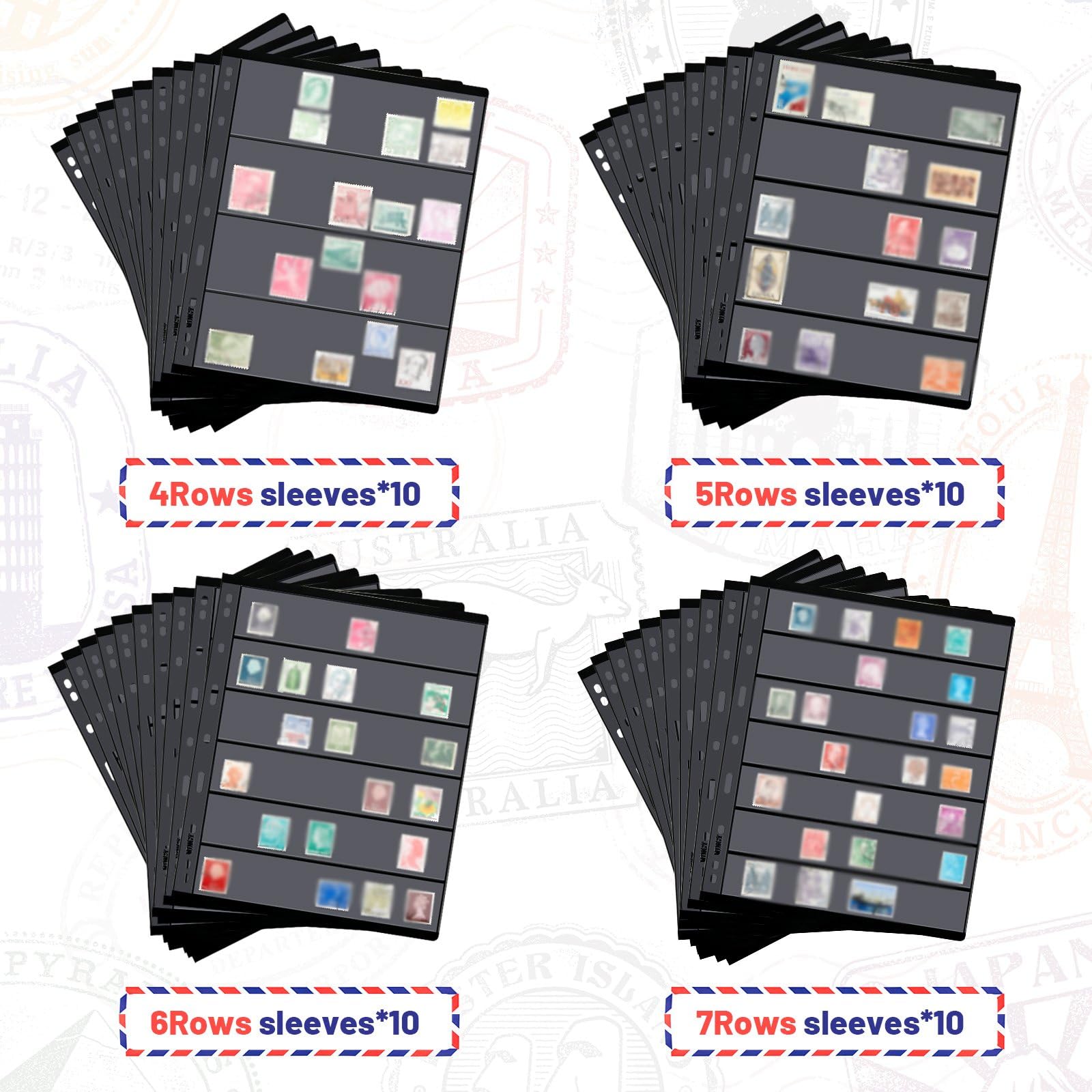 40 feuilles de timbres pour collection de timbres pour album de timbres, classeurs avec pochettes standard à 9 trous pour collectionneurs de timbres (4/5/6/7 feuilles)