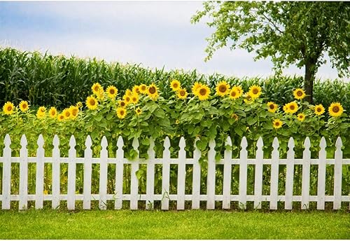 Miniatura 6 de Leyiyi Telón de fondo de paisaje natural primaveral de 5 x 3 pies, diseño de girasoles amarillos, árbol alto y exuberante, valla texturizada de