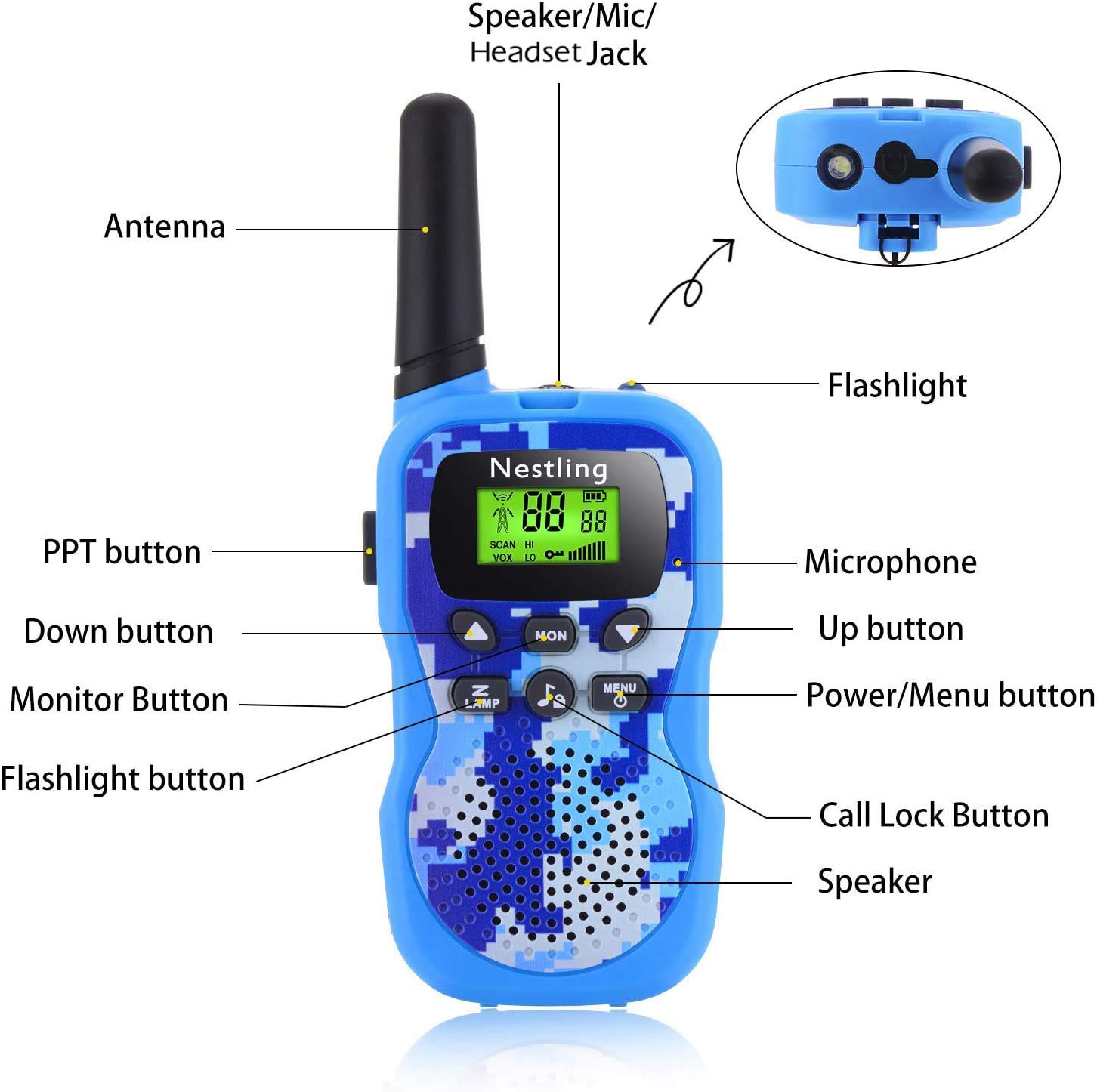 Nestling Walkie Talkie Für Kinder - 3 Km Reichweite, Camouflage Design Mit Taschenlampe