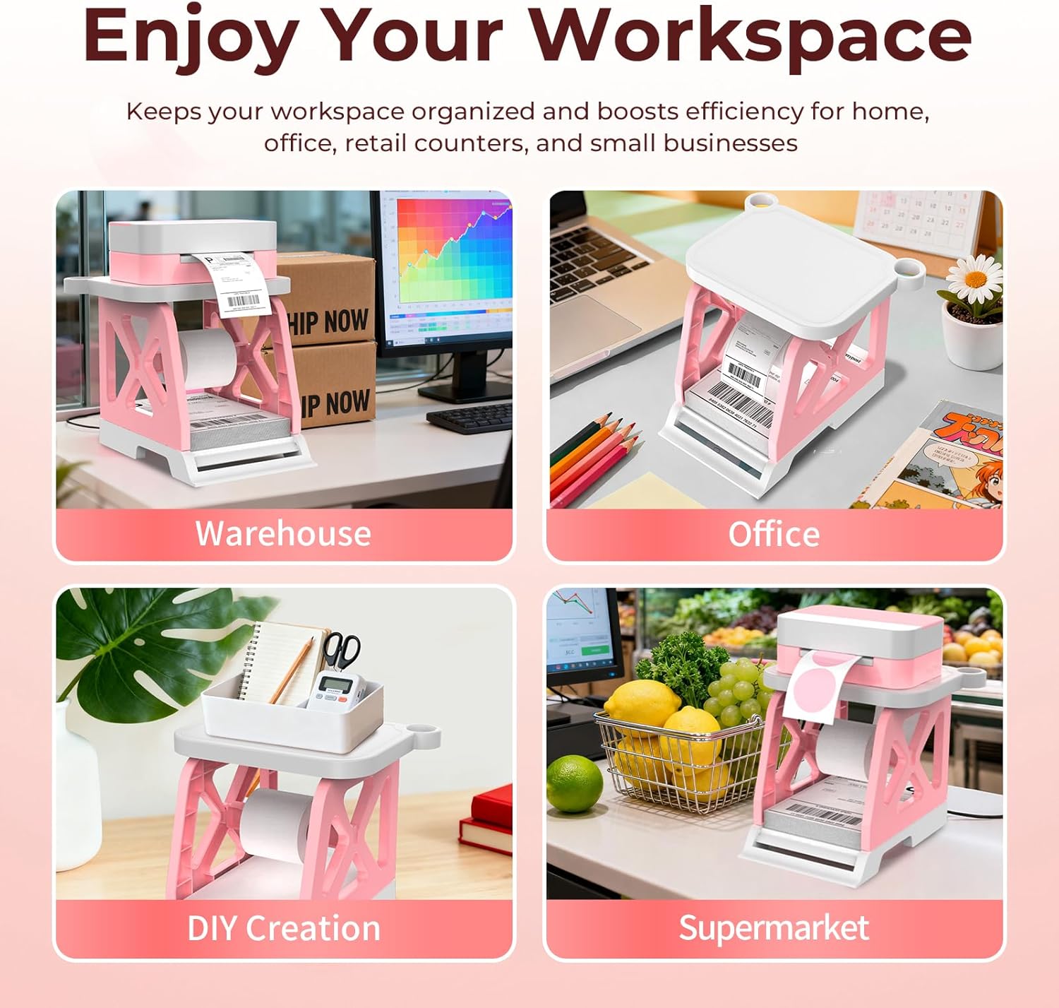 Guermok 3-in-1 Thermal Label Holder Stand for Printer Desk Organizer for Roll & Fan-Fold Labels, Cable Management, Easy Assembly for Home, Office, Retail & Small Business Pink