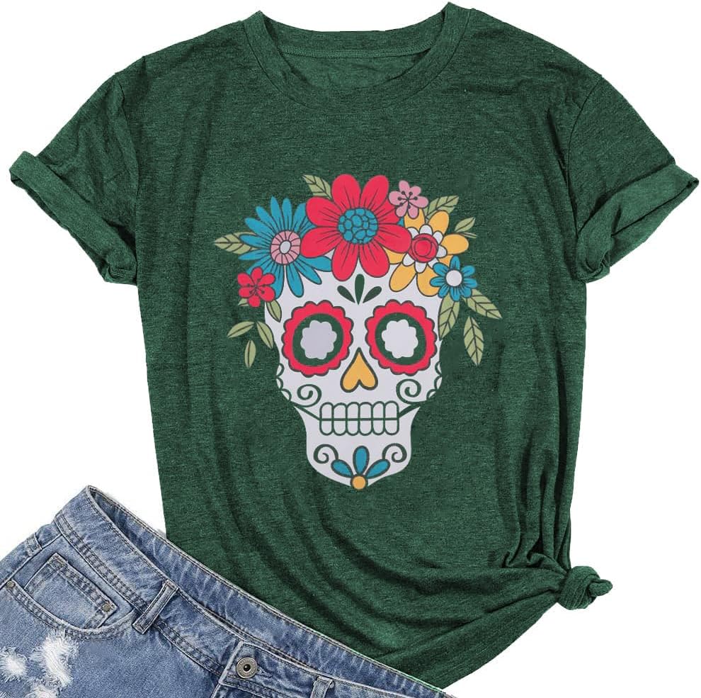 JINTINGSugar Skull Shirts Day of Dead Shirts for Women Dia De Los Muertos T-Shirt Skull Graphic Short Sleeve Tee Tops