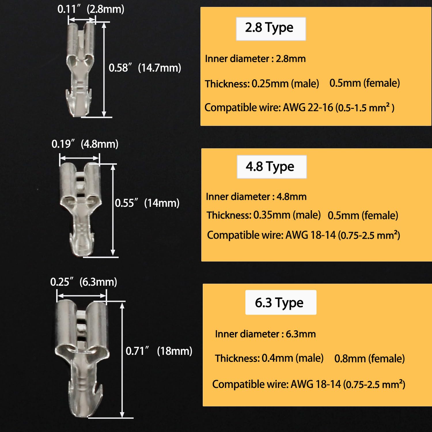 500Pcs 2.8/4.8/6.3mm Quick Splice Female Wire Spade Connector Crimp Terminal Non Insulated for Car Audio Speaker Electrical Wiring