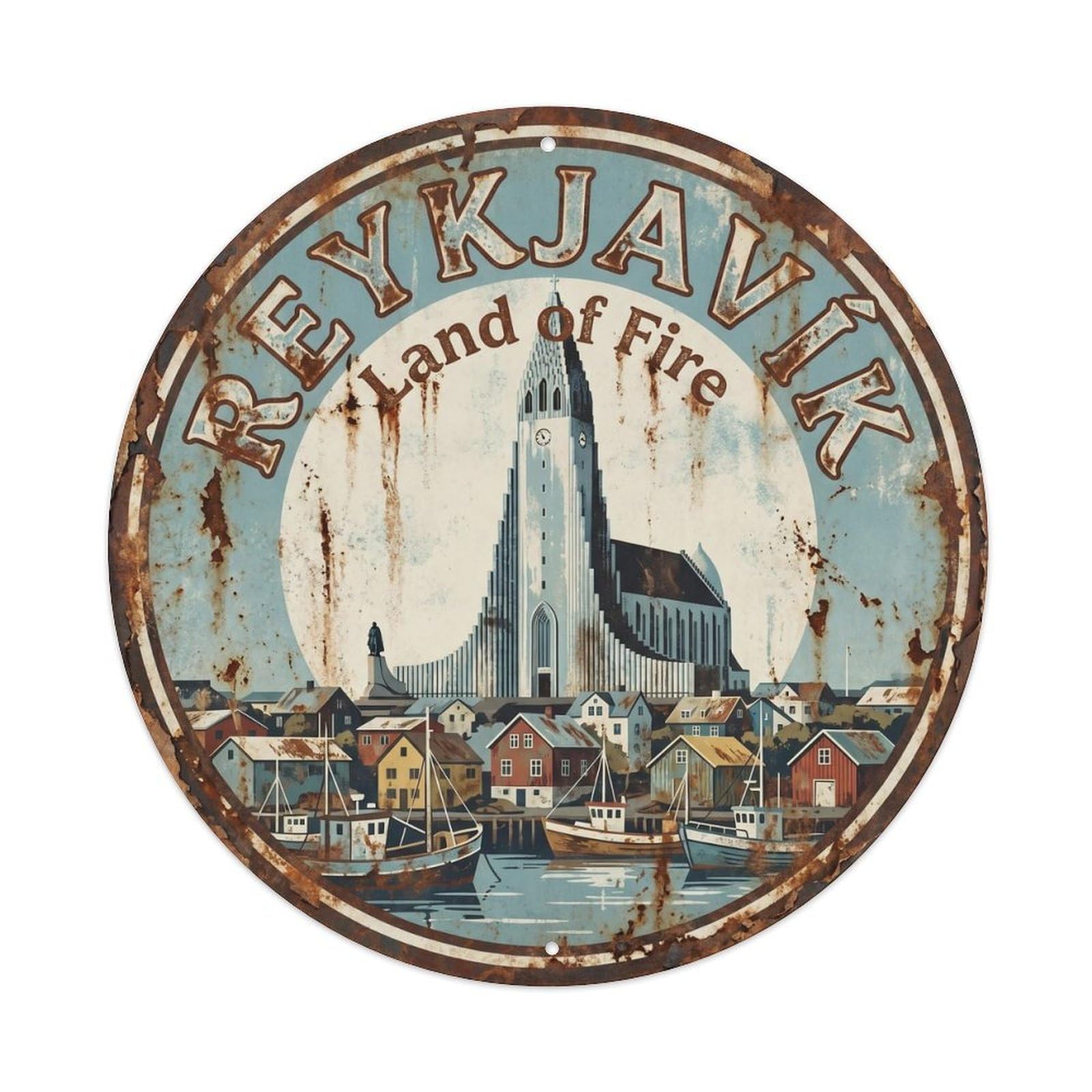 Vintage Travel Reykjavik Harbor Volcanic Metal Tin Sign Plaque Wall Decor for Cafe, Club Bar, Office, Home Garden Round Metal Poster 8x8Inch