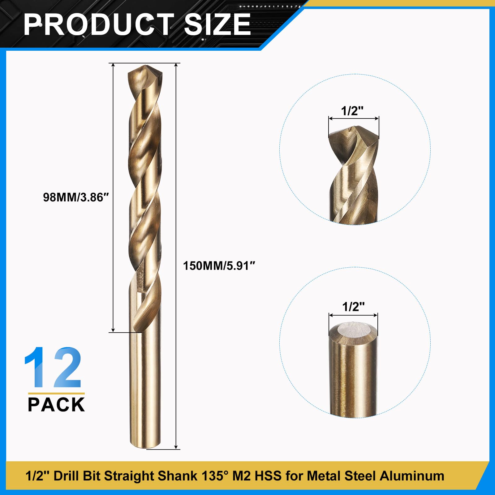 PATIKIL 12.7mm Drill Bit 1/2", Jobber Straight Shank M2 High-Speed Steel 135° Gold Finish for Stainless Steel Hard Metal - 12 Pack - Image 2