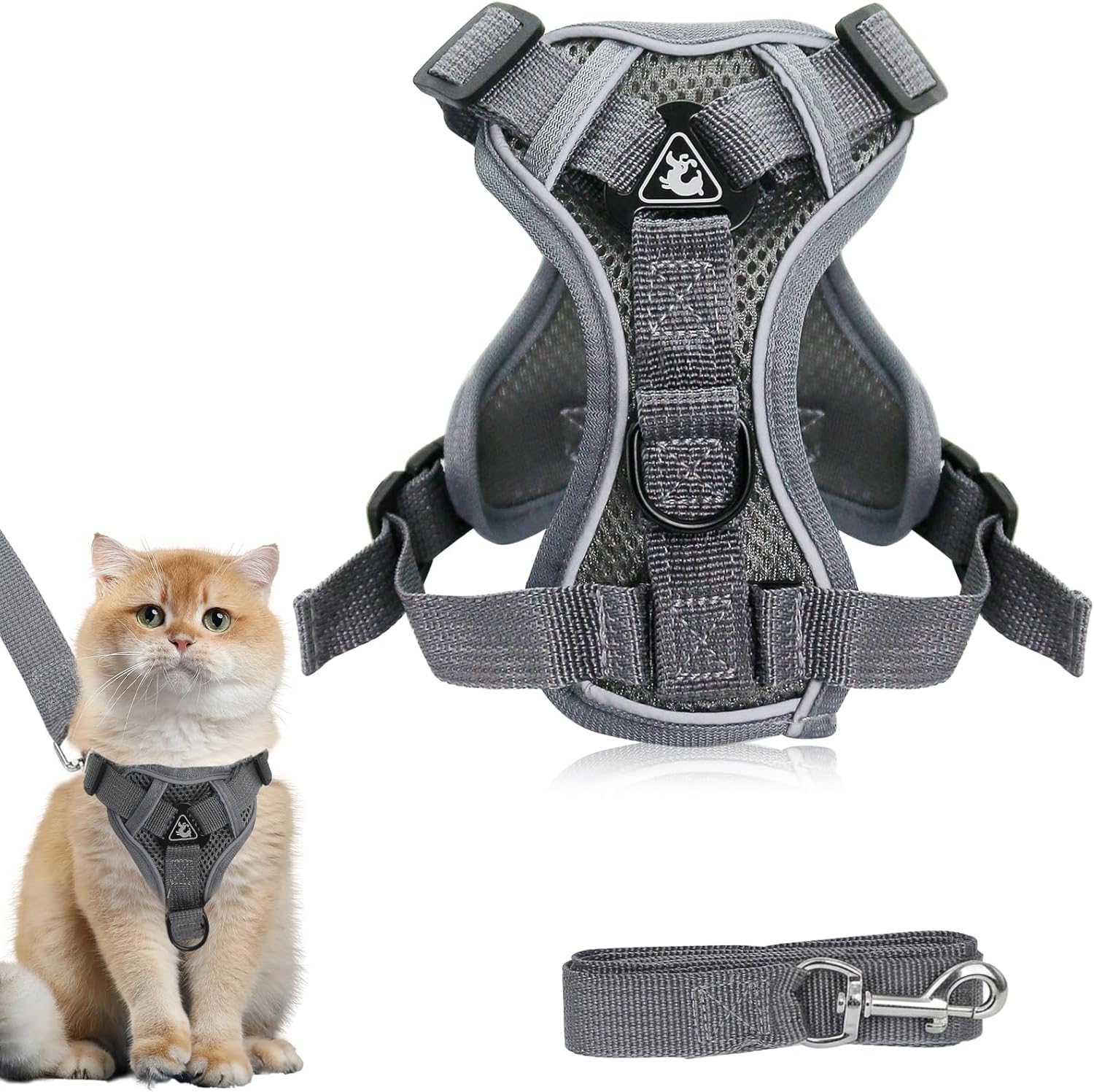 Cat Harness and Lead Set, Adjustable Cat Leash with Reflective Strips Escape Proof Cats Collar Breathable Soft Mesh Vest Kitten Cat Harness for Small Cats Dogs Pets Walking (Grey, M) — image 1