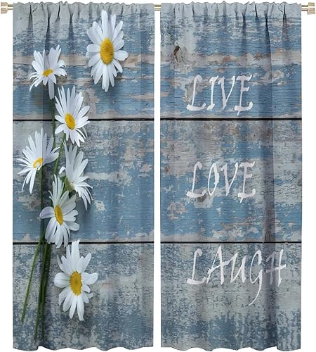 Miniatura 55 de Cortinas rústicas de cocina de granja, margaritas florales de granja de primavera, cortinas opacas de madera retro con bolsillo para barra, cortinas