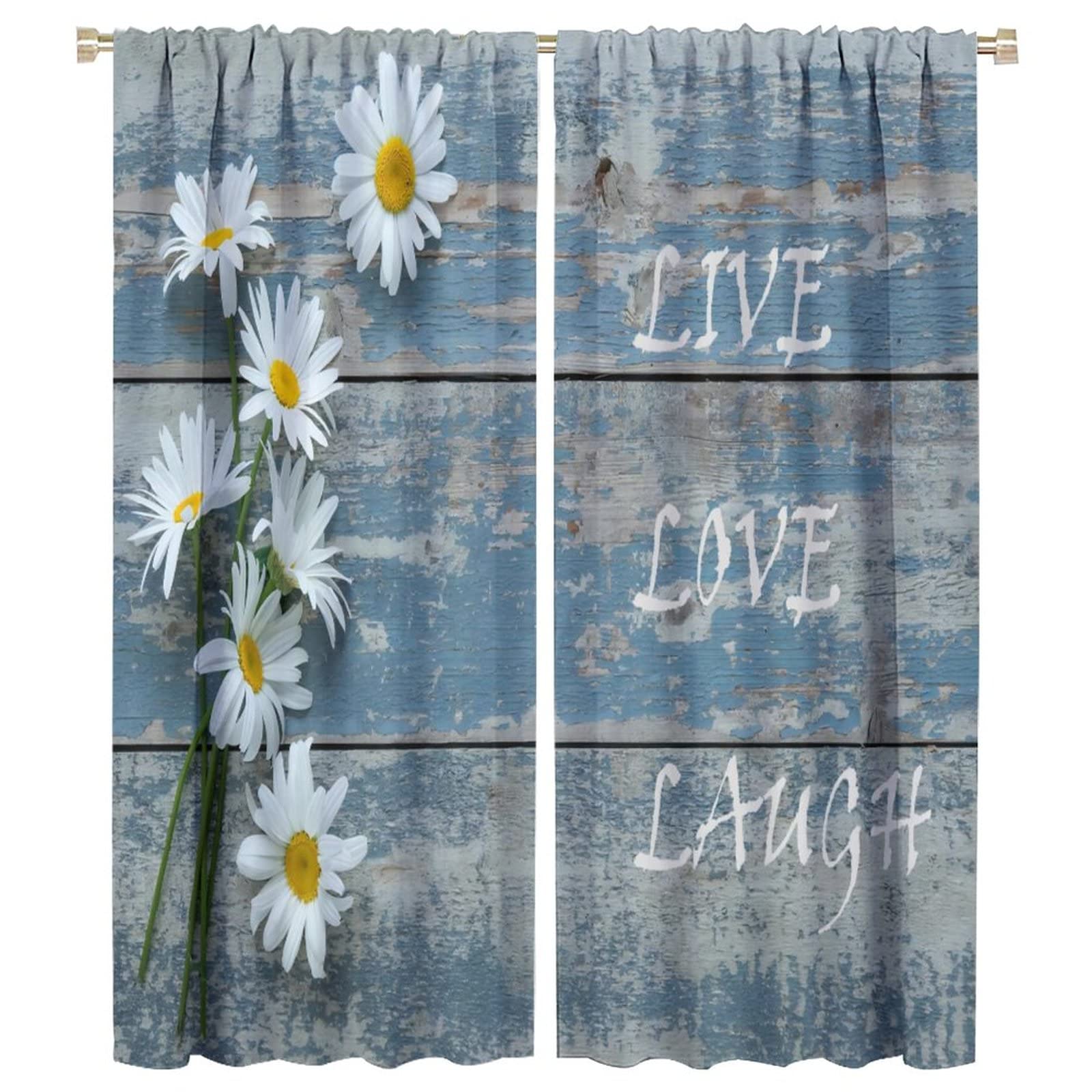 Rustic Floral Kitchen Curtains,Retro Farmhouse Cabin Lodge Daisy Flower Country Farm Style Window Door Curtains for Bedroom Living Room Home Decor W42xL54in