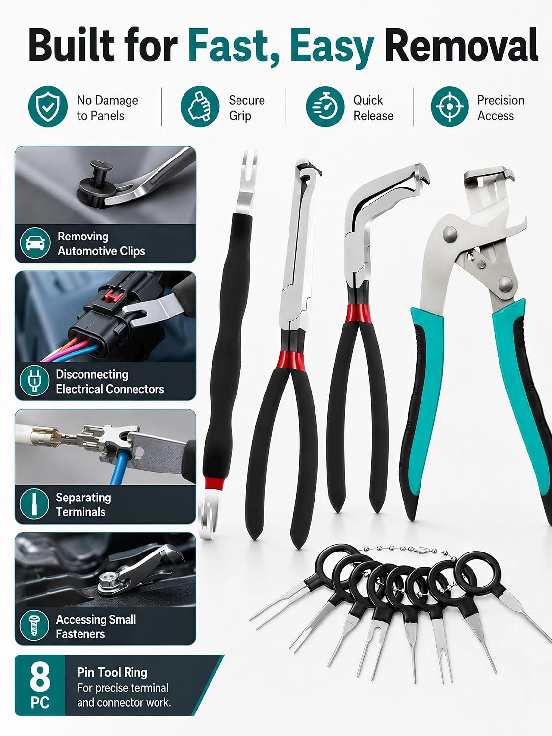 5PCS Car Clip Pliers Tools Set, Electrical Disconnect Pliers 37960, 37980, 13120, Multi-Functional Automotive Terminal Release Tools for Connector Separator Tool & Fuel Line Disconnect