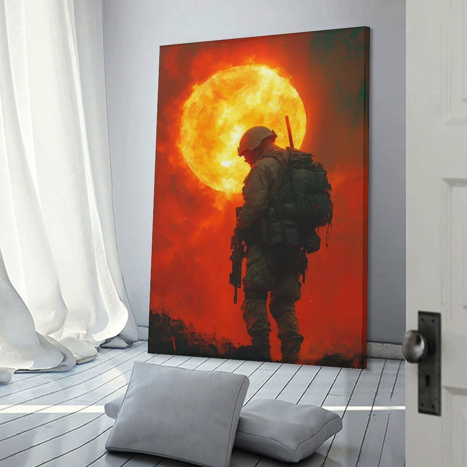 Junmoney Frame-Style-19 Canvas Art Print Soldier Silhouette Against Fiery Sky, 16X24inch(40X60cm), For Contemporary Homes, Apartments Or Offices, Decorative Canvas Decor For Home Updates