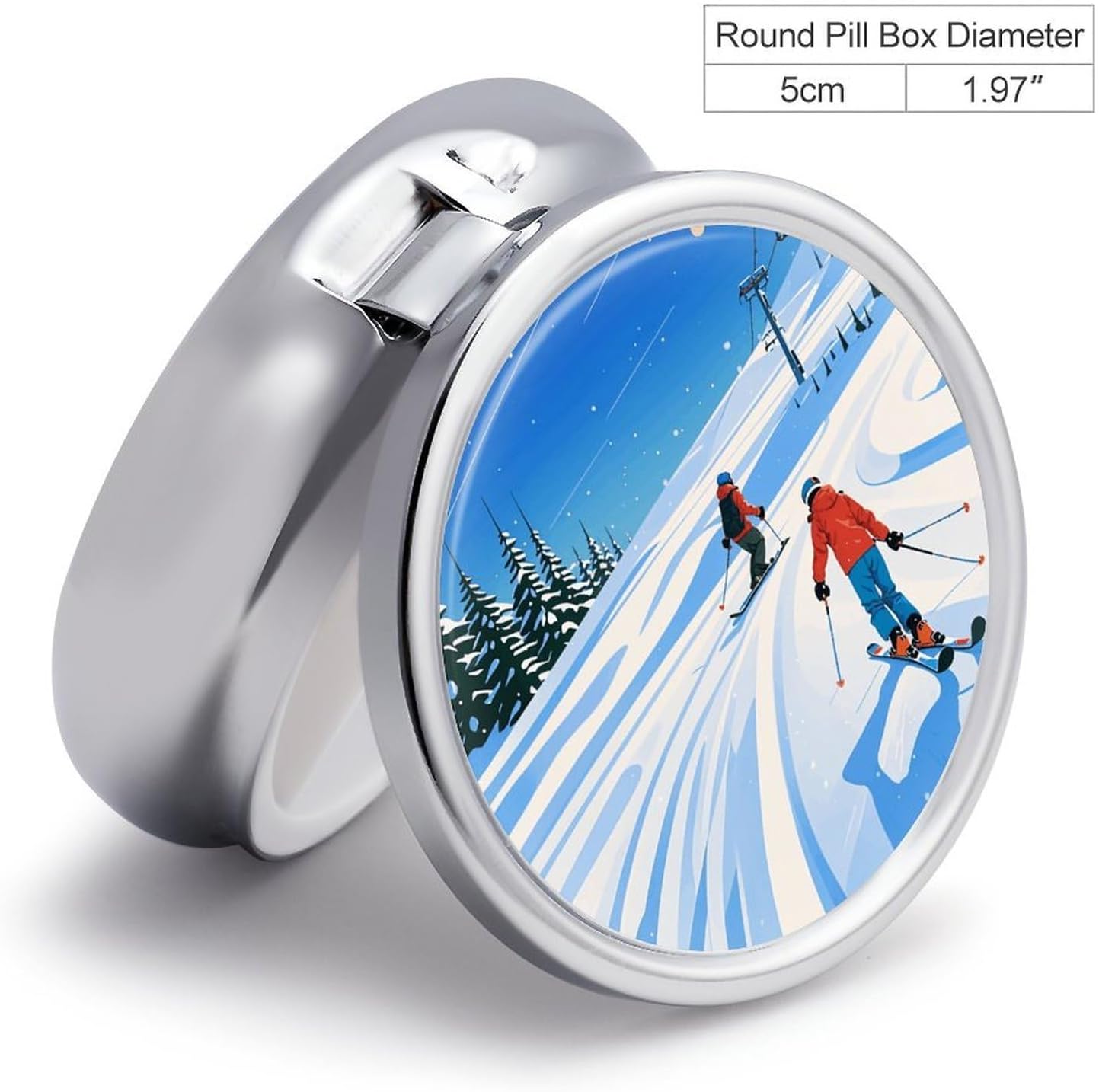 Round Daily Winter Sports Ski Theme Pill Case with 3 Compartment & Mirror image 2