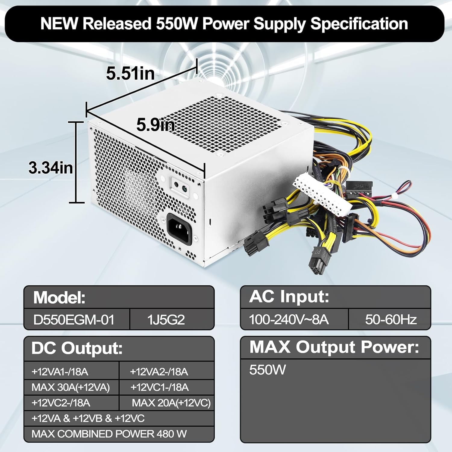 Fuente de alimentación D550EGM-01 de 550 W Compatible con Alienware Aurora R10, R11 y R12, DELL Precision 3630 y 3640 Sustitución de la Fuente de alimentación D550EGM-00, DPS-550AB-51A, 1J5G2 y YXK65