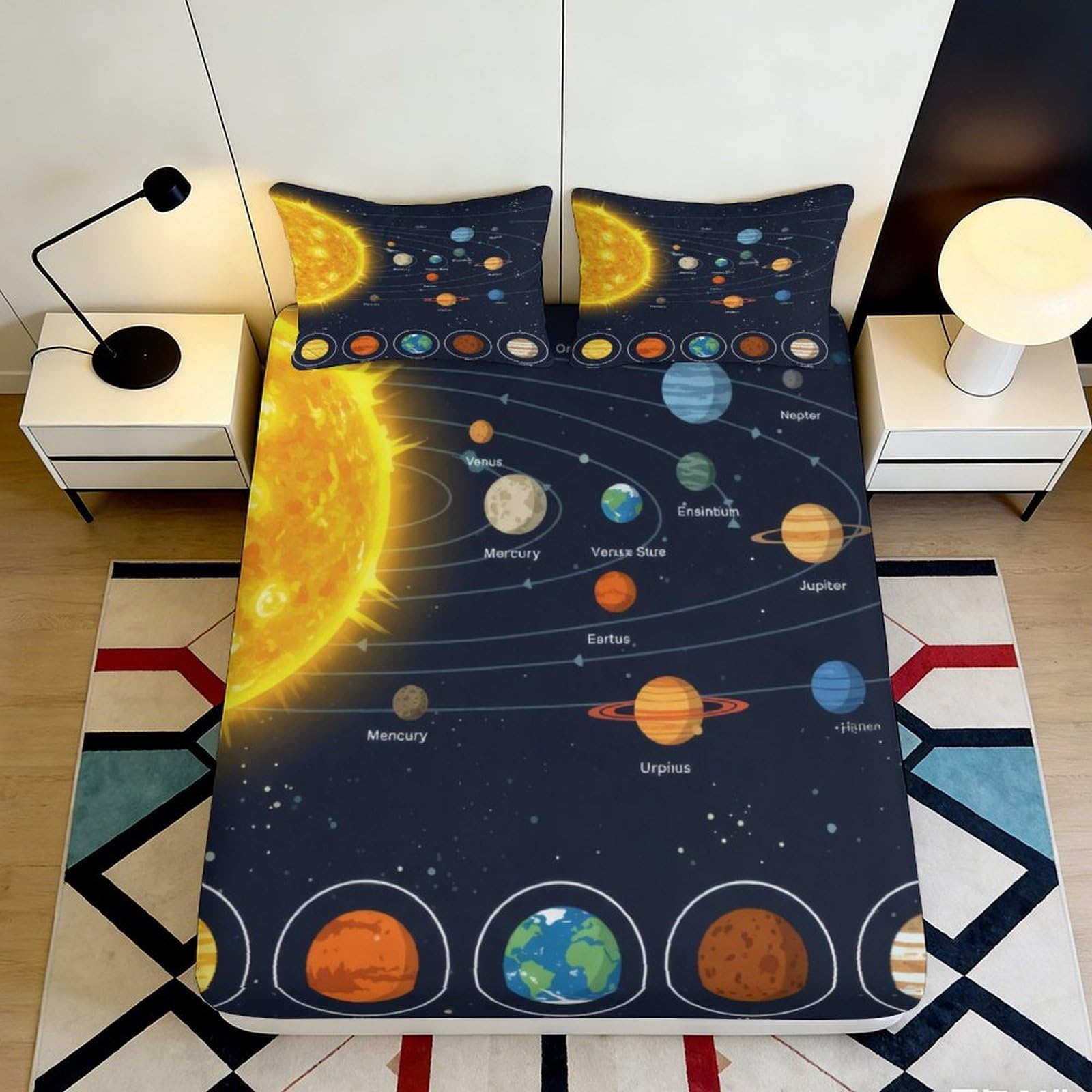 3D Printed Solar System Fitted Sheet Microfiber Soft Durable Space Planets Bed Cover for Bedroom Dormitory Guest Room Mattress Protection Decor 160x200x25cm