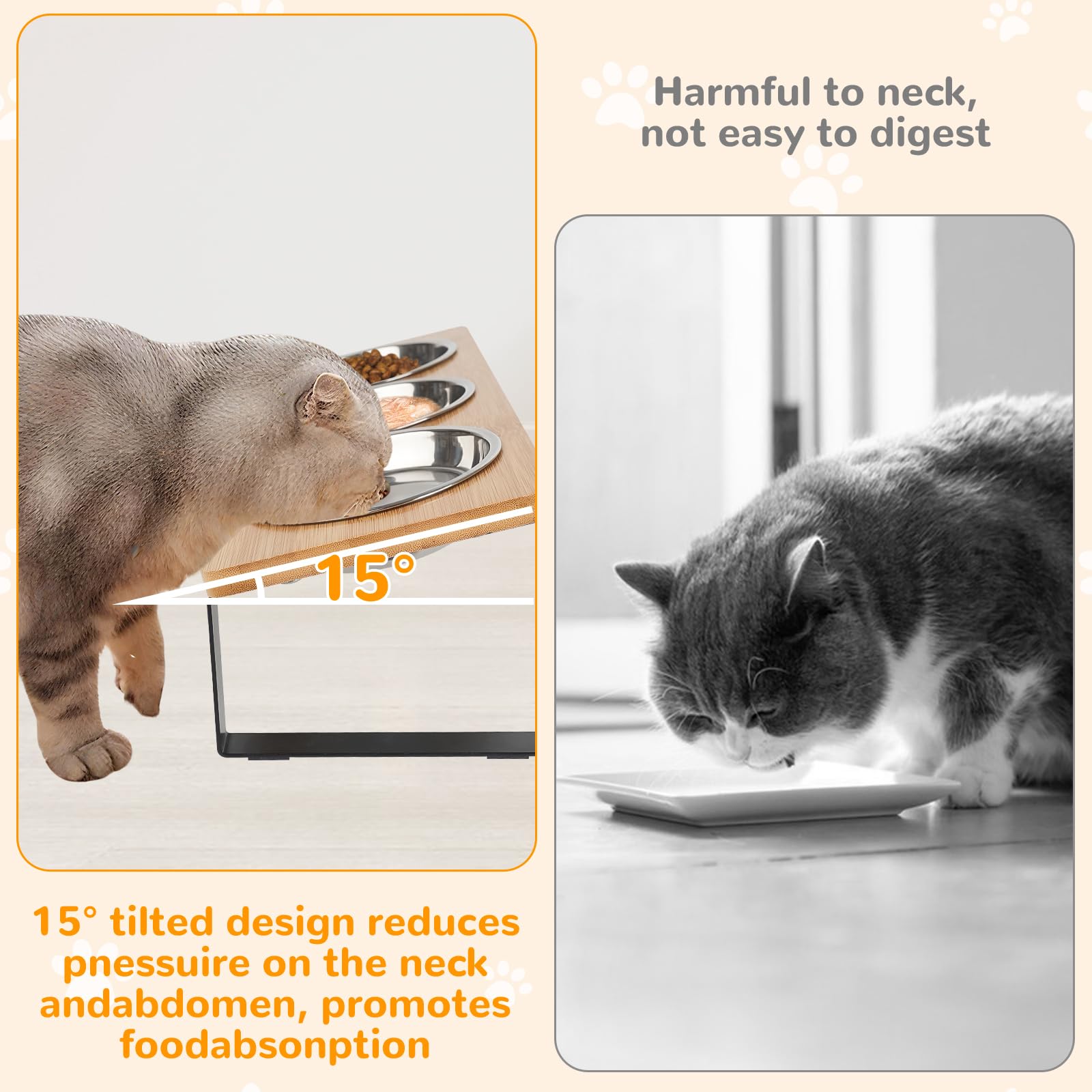 Erhöhte Katzennäpfe mit 3 Edelstahlnäpfen, 15° geneigt Erhöhter Katzennapf Set, für Indoor-Katzen für kleine Katzen und Welpen Haustierschalen mit Ständer