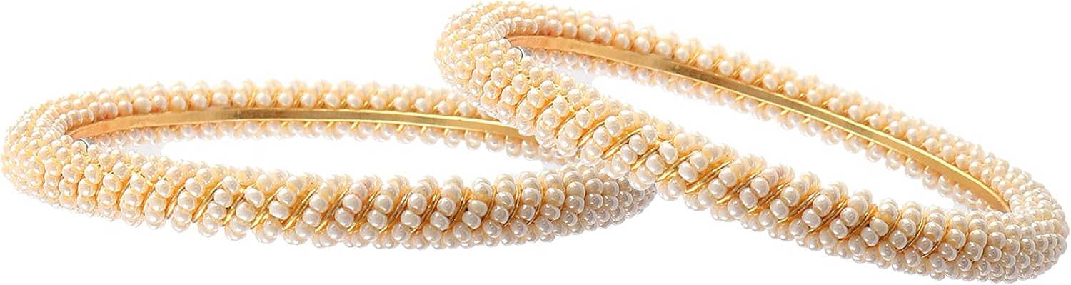 Jewar Bangles Fashion Indian Bollywood Faux Pearl Rhinestone Floral Gold Plated Wedding Bracelet set Jewelry for Women (Pearl Work, 2.8) - Image 3