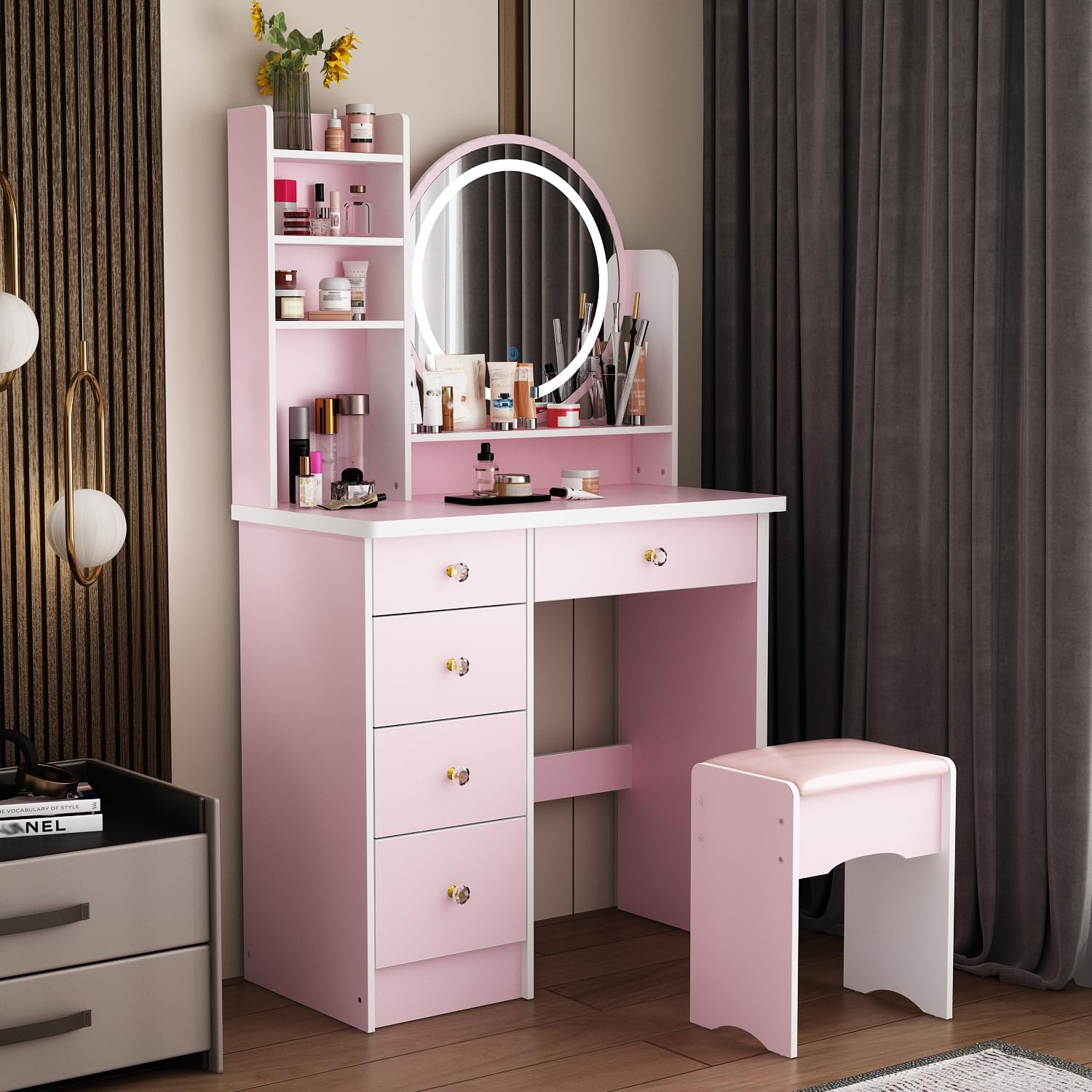 ECACAD Vanity Desk Set with LED Lighted Round Mirror, Makeup Dressing Table with 5 Drawers, Storage Shelves & Cushioned Stool for Bedroom, Pink