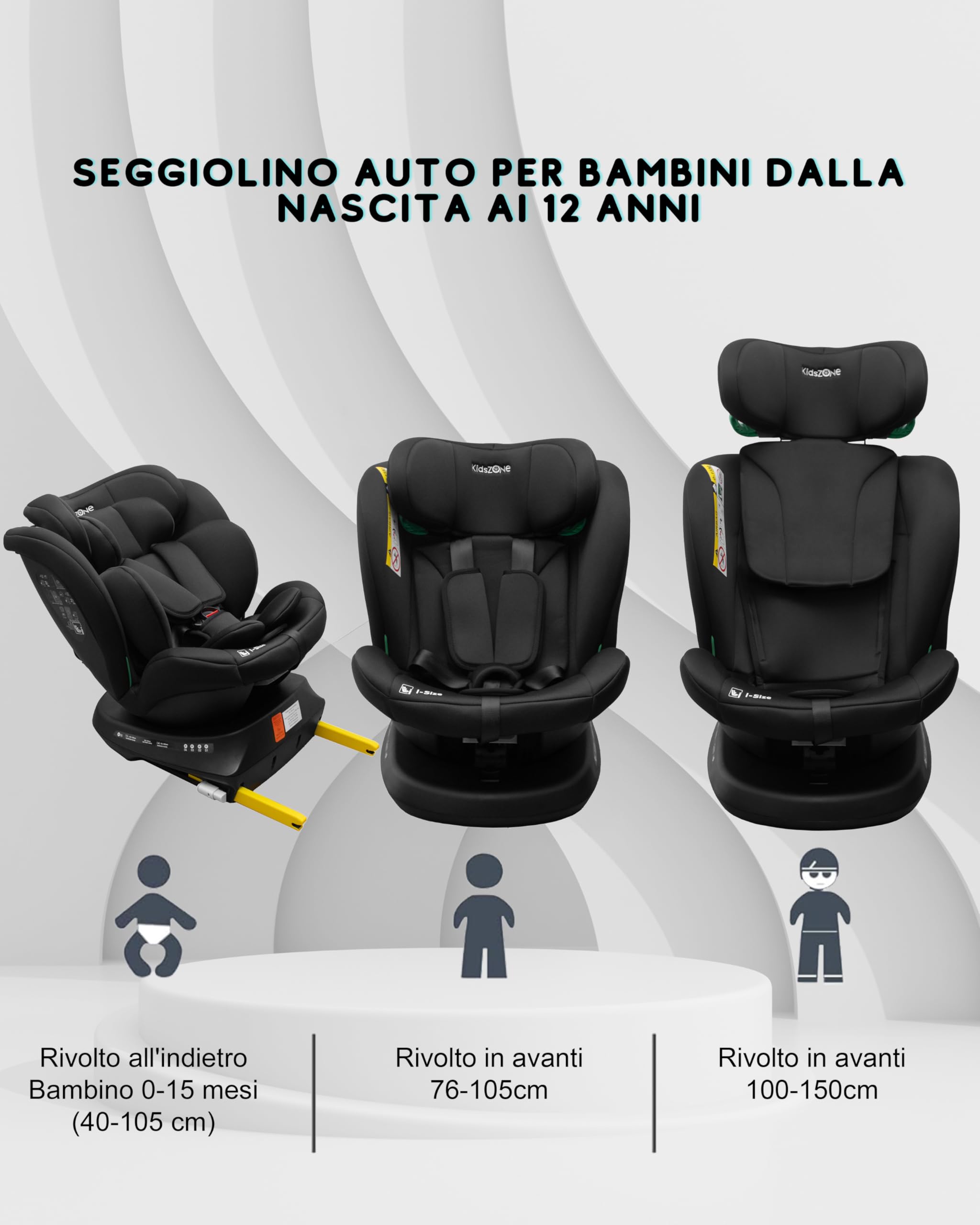 KidsZone Seggiolino Auto 0-36 kg Isofix i-Size, 40-150 cm - Seggiolino Auto Girevole 360 per Bambini Gruppo 0/1/2/3 - Top Tether, Reclinabile 5 posizioni, Regolabile in Altezza