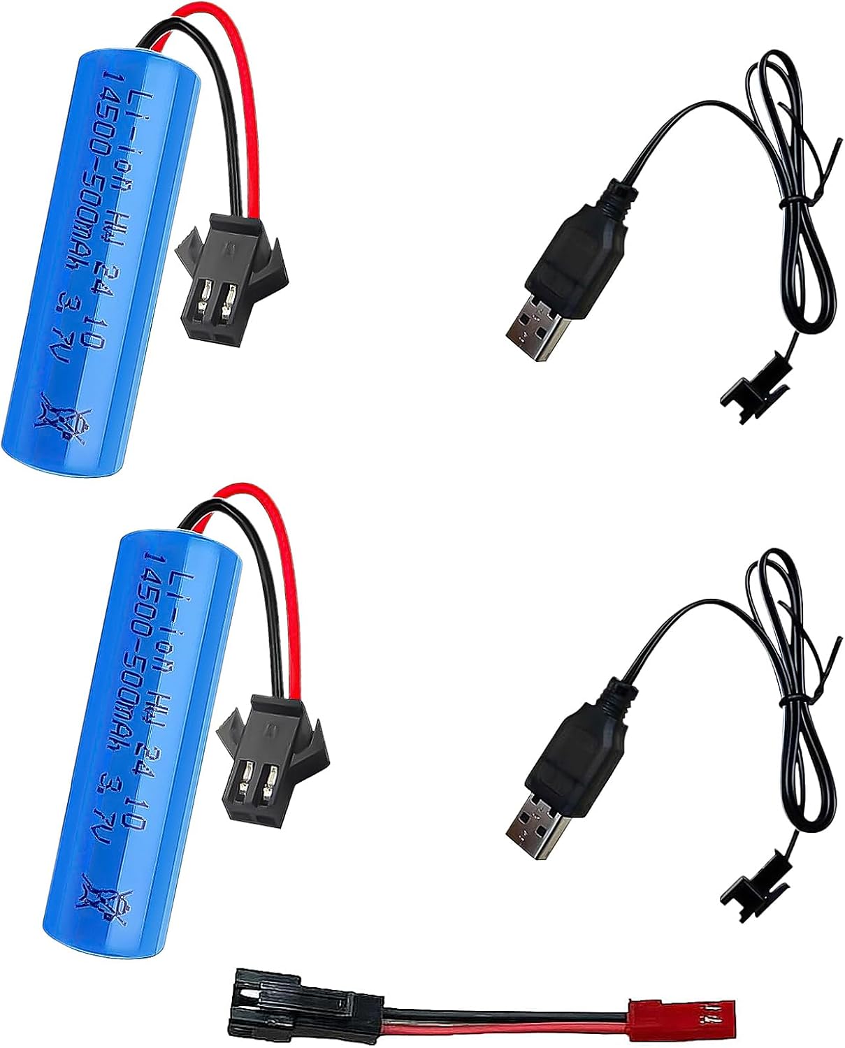 500mAh 3.7V Rechargeable Battery SM-2P Plug 2 Pack with SM JST USB Battery Charger Cable for RC Cars, Remote Control Boat Vehicle, Toys, Size: 1.97 x 0.55 x 0.55 inches