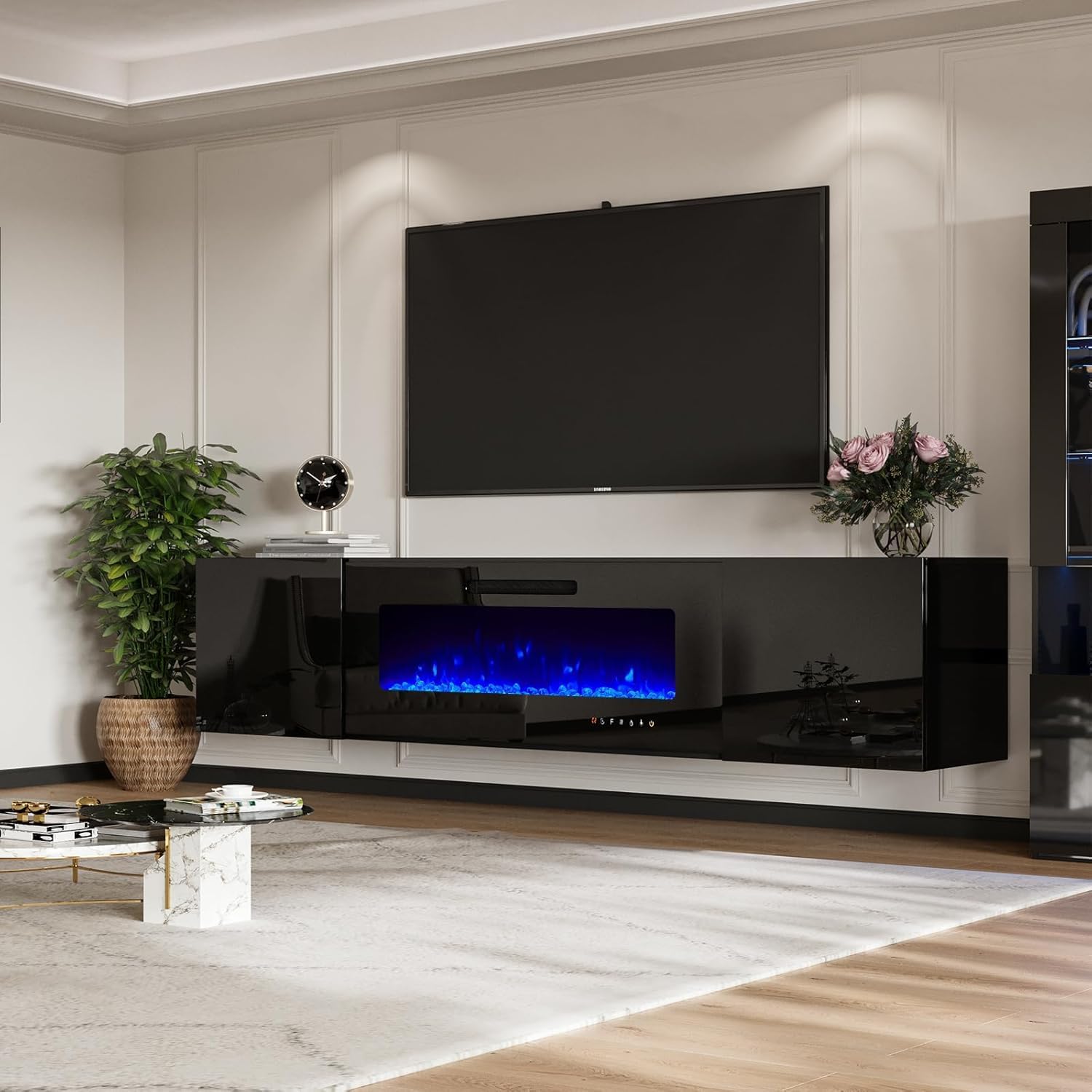 Jocisland 80" Floating TV Stand with 40" Electric Fireplace & LED Lights | Black High-Gloss Media Console, Modern Wall-Mounted Entertainment Center, Fits TVs up to 90", 2 Storage Cabinets