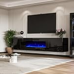 Jocisland Floating Fireplace TV Stand, Wall Mounted Mirrored Entertainment Center with 40" Electric Fireplace, Modern LED Lights Media Console for TVs Up to 90", White