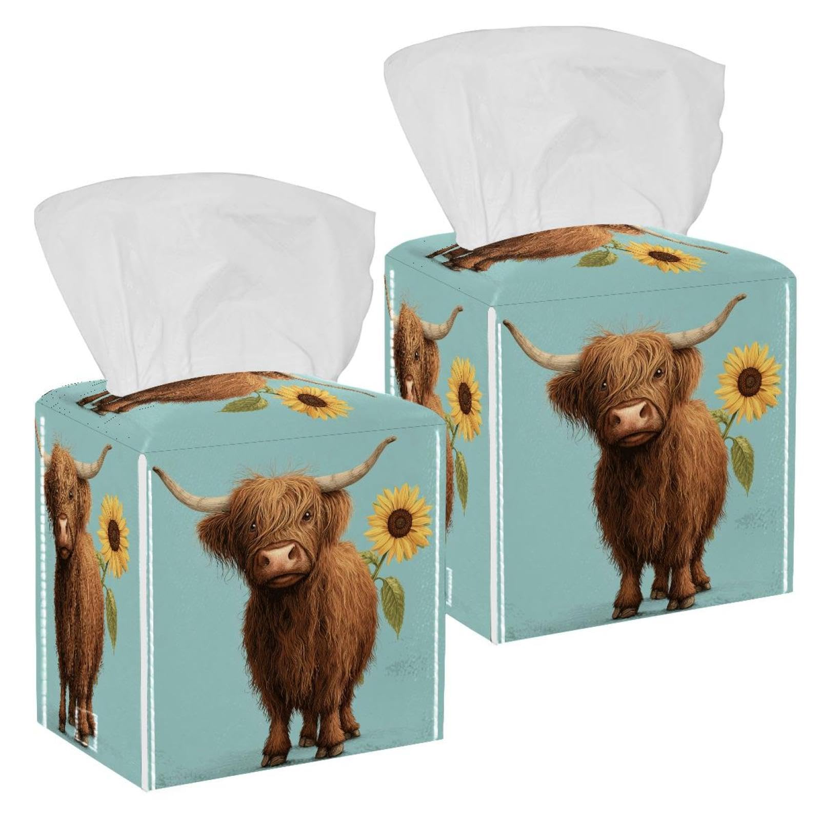 Highland Cow Tissue Box Cover, 2 Pack PU Leather Square Facial Tissue Dispenser Box holder for Home Office Car