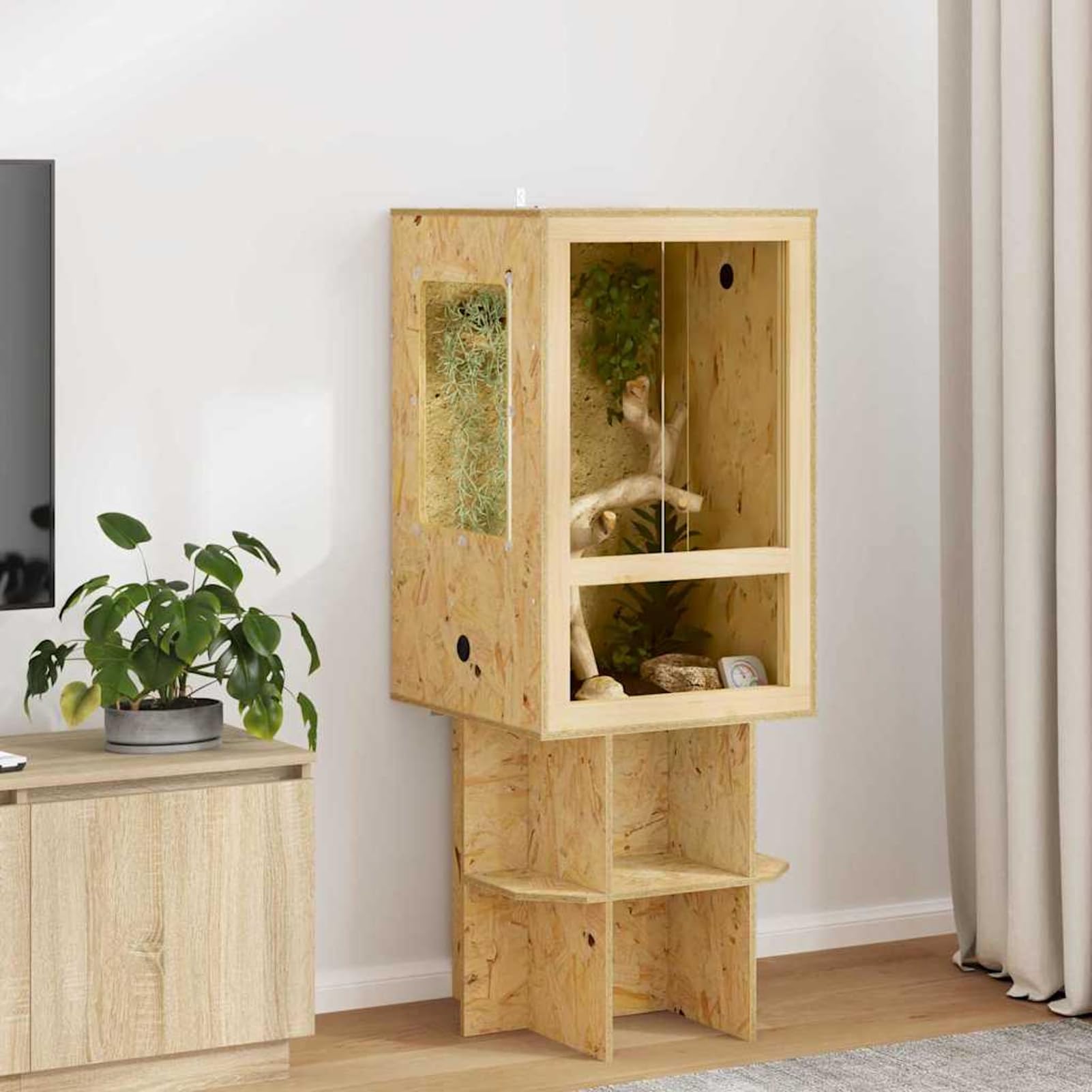 Terrario OSB per Rettili e Anfibi, 50x50x80 cm, con Termometro, Finitura Opaca Marrone, Spazioso e Durevole, per Uso Interno, Assemblaggio Richiesto