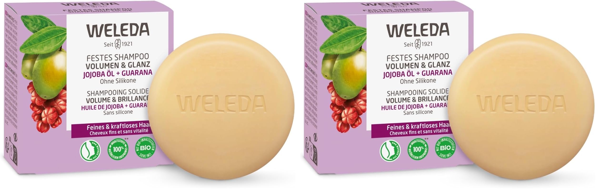 WELEDA Bio Festes Shampoo Volumen & Glanz - Naturkosmetik Haarpflege Seife für kraftvolles Haar mit Jojoba Öl, Reisprotein & Guarana Extrakt. Natürliches Haarshampoo ohne Silikone (vegan / 1x 50g)