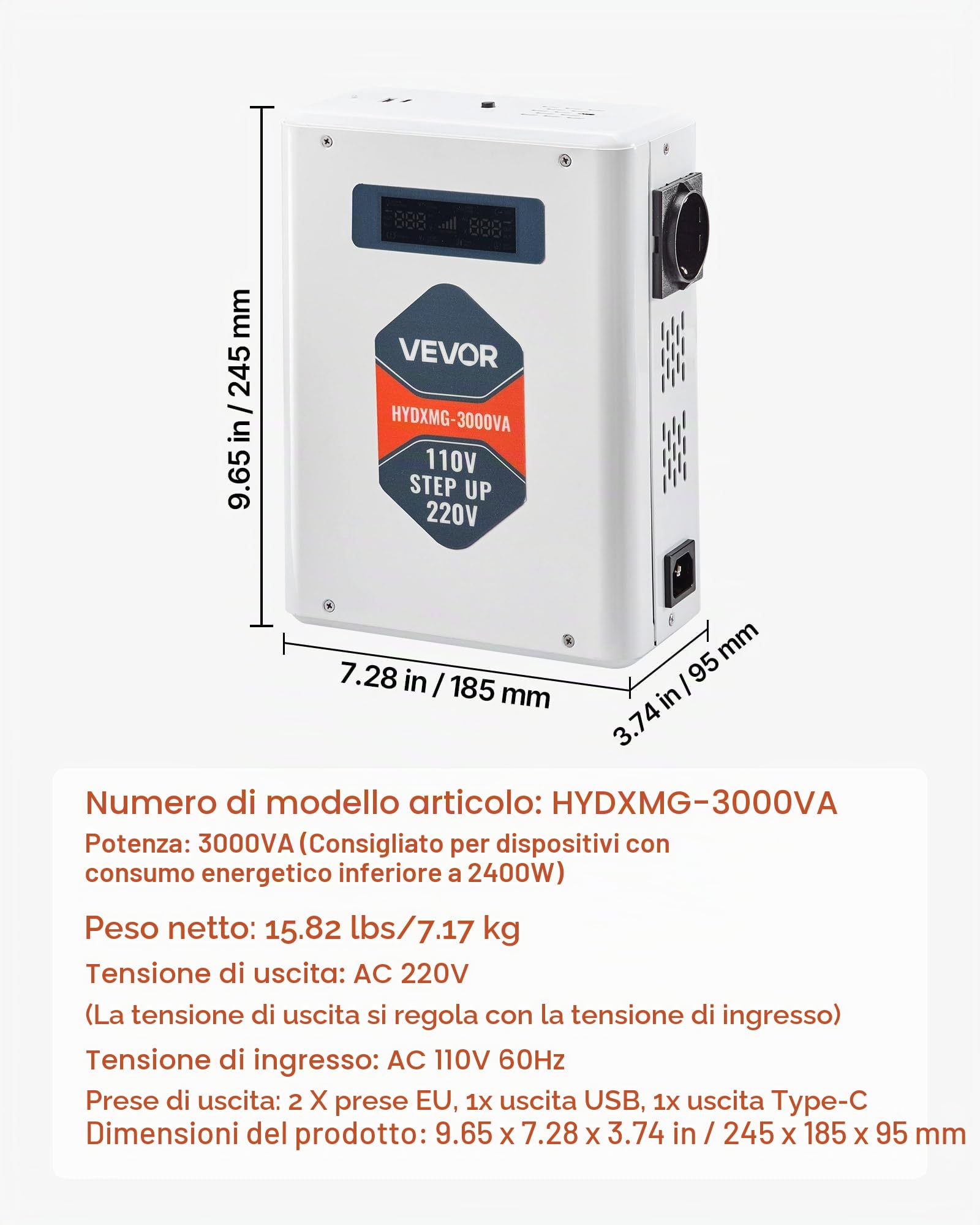 VEVOR Convertitore di Tensione Step-Up da 3000 VA, Trasformatore di Potenza per Impieghi Gravosi da 110 V a 220 V con 2 Prese USA, Uscita USB, Display LCD, per Elettrodomestici da 220 V