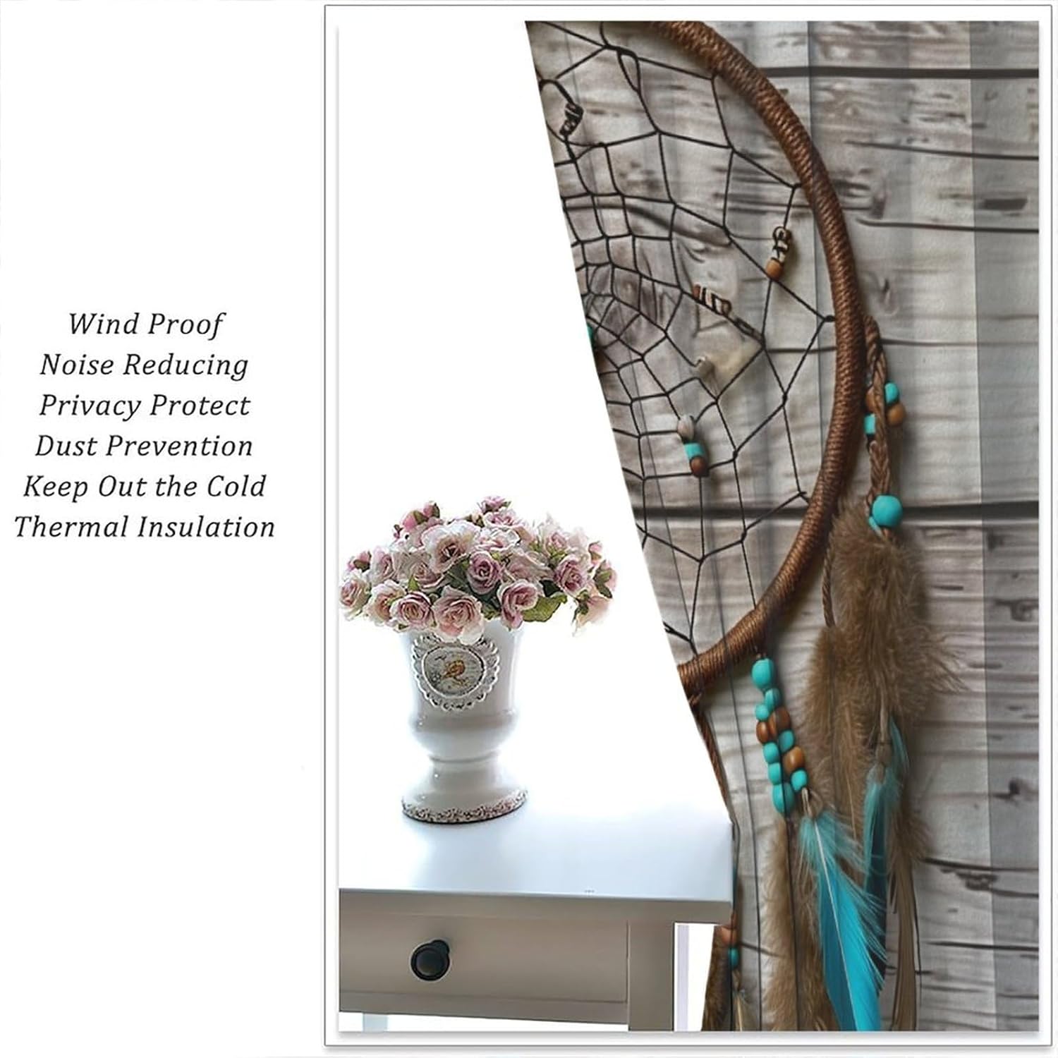 Retro Dream Catcher Blackout Curtains for Bedroom/Living Room, Glam Feather Wood Plank Thermal Insulated Curtains Rod Pocket Window Drapes, 2 Panels/Each 21" W x 45" L