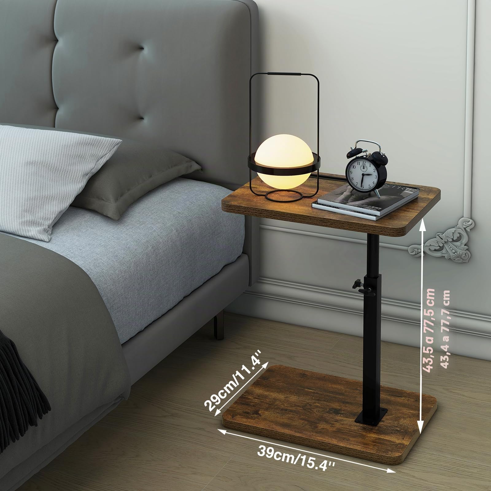 IBUYKE Mesa Auxiliar en Forma de C, Mesa Auxiliar giratoria de 360° en Altura Ajustable para Espacios pequeños, con Ranura para teléfono y Tableta, Mesa de café para sofá/Cama, Marrón TVT003H