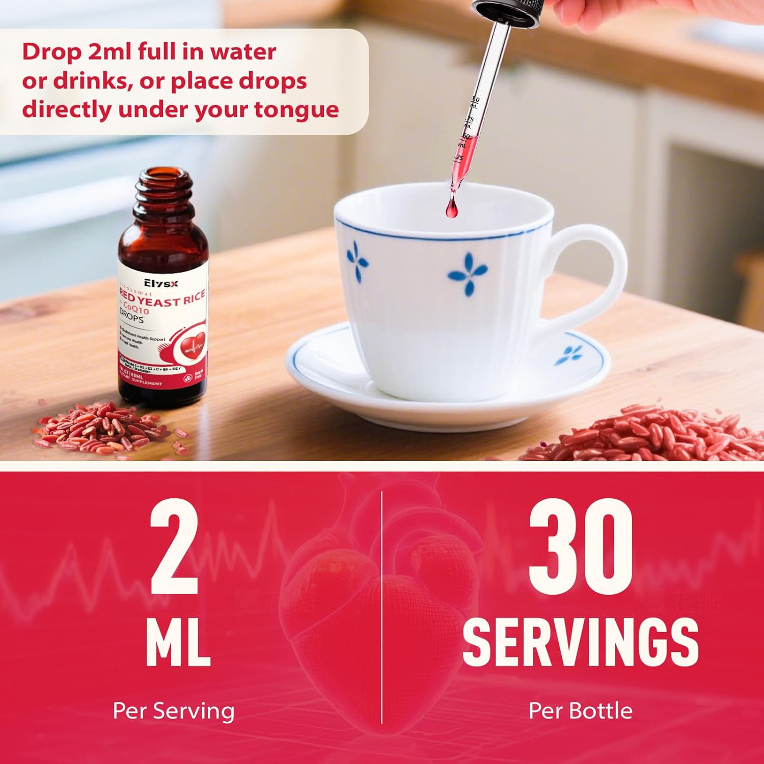 Liposomal Red Yeast Rice with Coq10 Liquid Drops, Red Rice Yeast for Cholesterol Health, Immune & Heart Support, with Biotin, Bromelain & Vitamins, 2 FL OZ