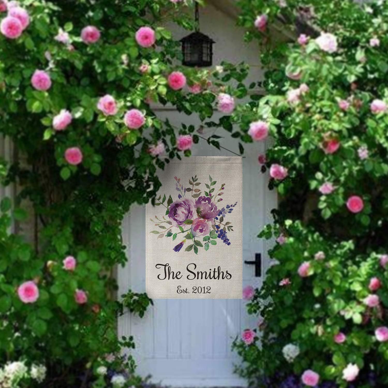 SMILE Personalized Summer Spring House Flag, Customized Family Last Name And Established Year Mother's Day Flower, Double Sided 28 x 40 Inch Rustic Farmhouse Burlap Yard Outdoor Decoration